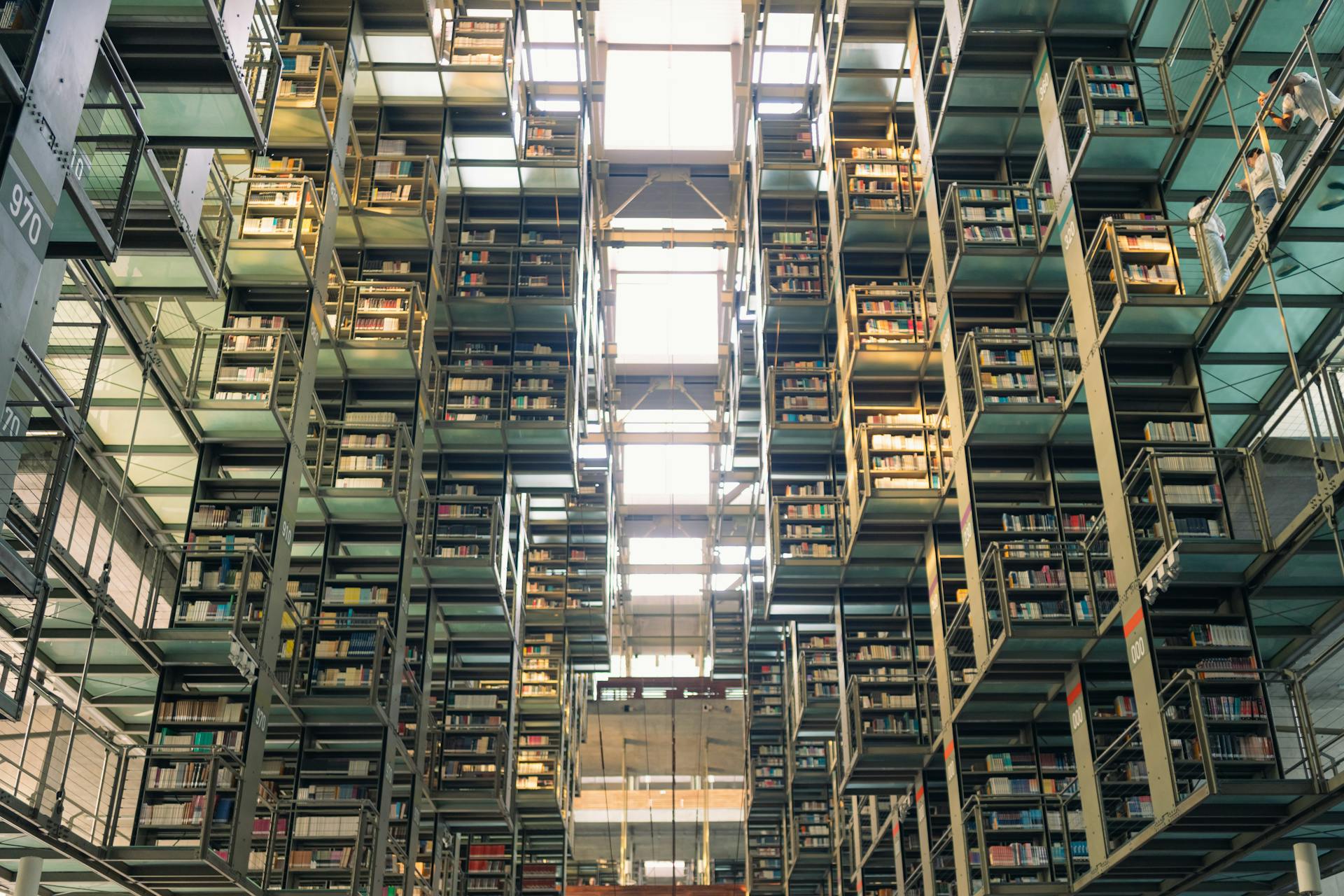 Tall bookshelves filled with books in a modern library in Mexico City.