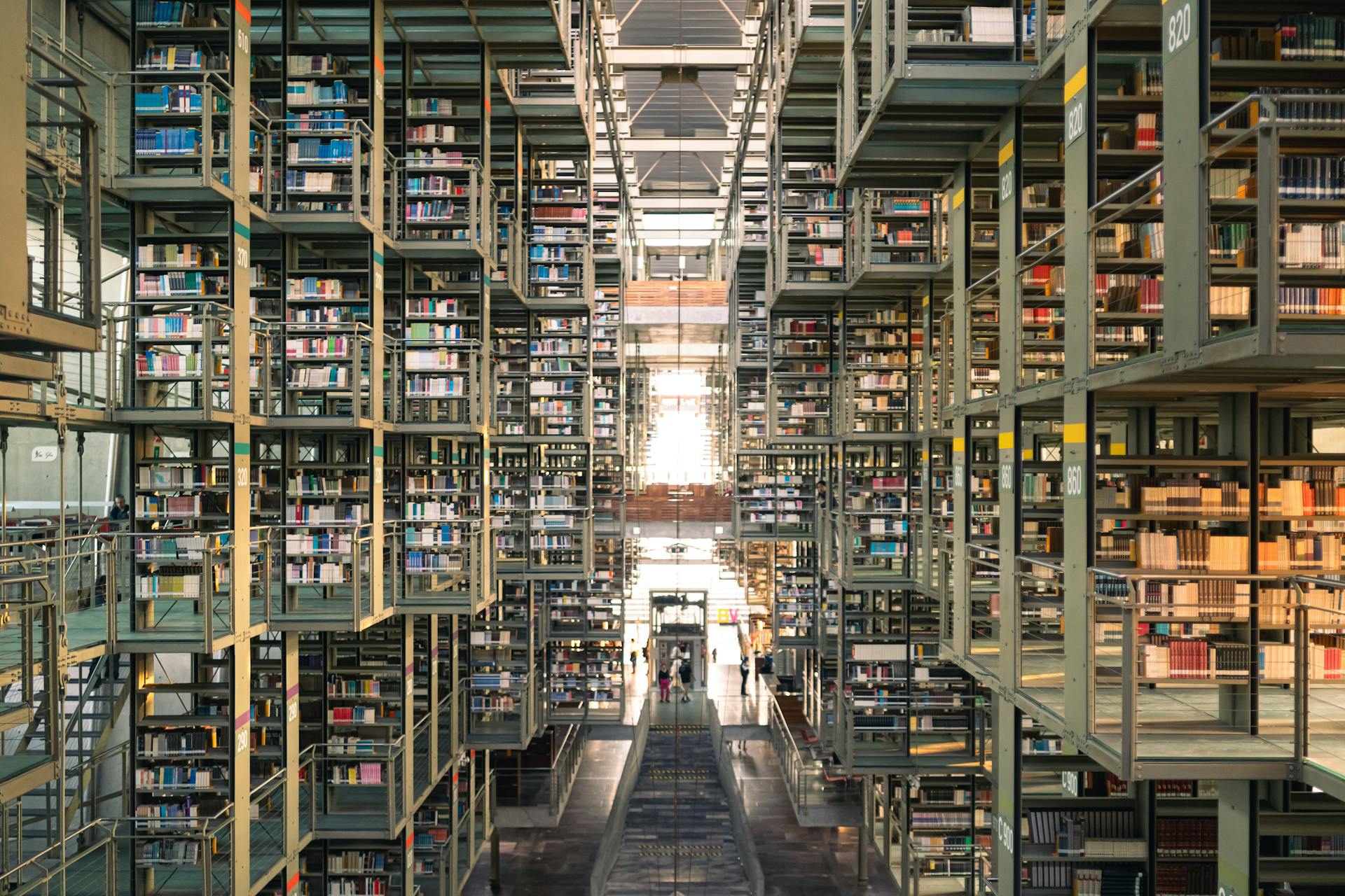 Expansive multi-level library in Mexico City showcasing modern architecture and vast book collections.