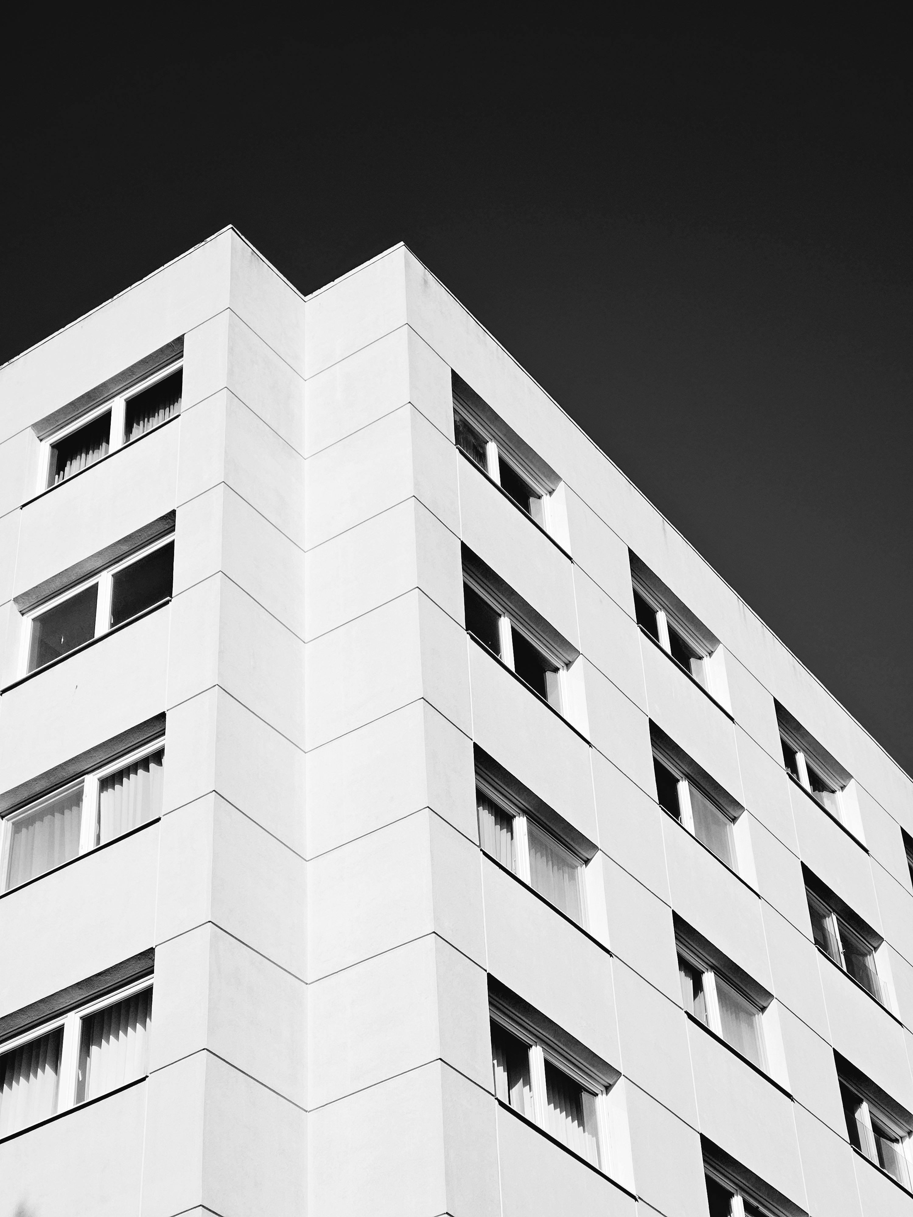 Black and white photo of a modern building facade in Istanbul, Turkey.