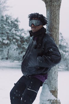 African American model in winter attire posing outdoors in snowy urban setting.