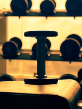 Close-up of a dumbbell silhouetted against gym lighting, evoking strength.