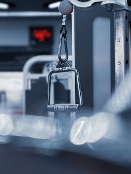 Close-up of a cable machine handle in a modern gym, highlighting fitness equipment and workouts.