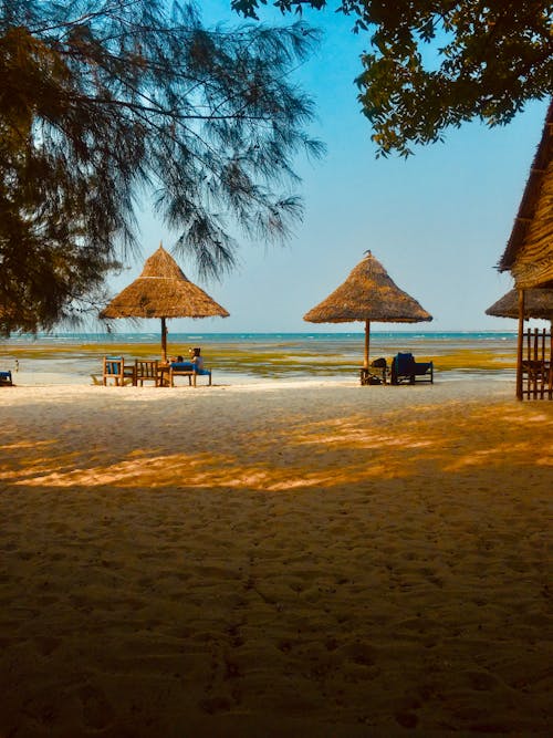 Cabines De Plage Marron Sur Le Bord De Mer