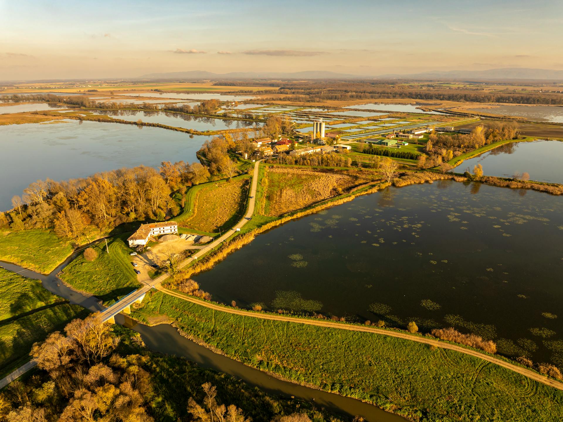 A stunning aerial view of wetlands and agricultural fields in Garešnica, Croatia.