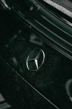 Detail shot of a car emblem on a vehicle with raindrops.