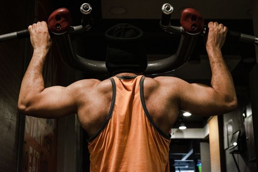 Back view of a muscular man working out on a pull-up bar in a gym in Alexandria, Egypt.