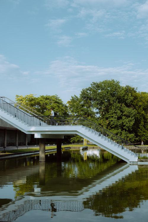 Free A serene park setting showcasing a modern bridge over a calm water body with lush greenery. Stock Photo