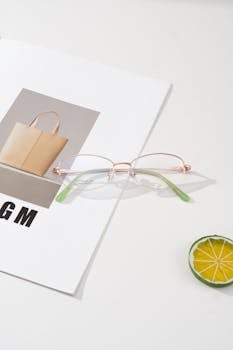 Minimalist eyeglasses with a lime slice and magazine showcasing sleek design and style.