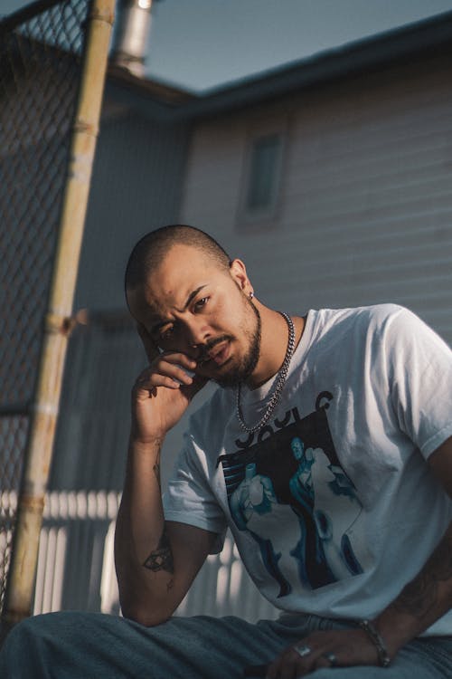 Man Wearing White Crew Neck T-shirt