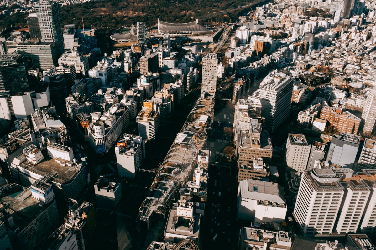 Aerial view of Tokyo showing dense urban architecture
