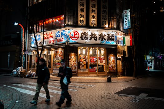 Night view of a brightly lit restaurant in Tokyo, capturing the vibrant nightlife.