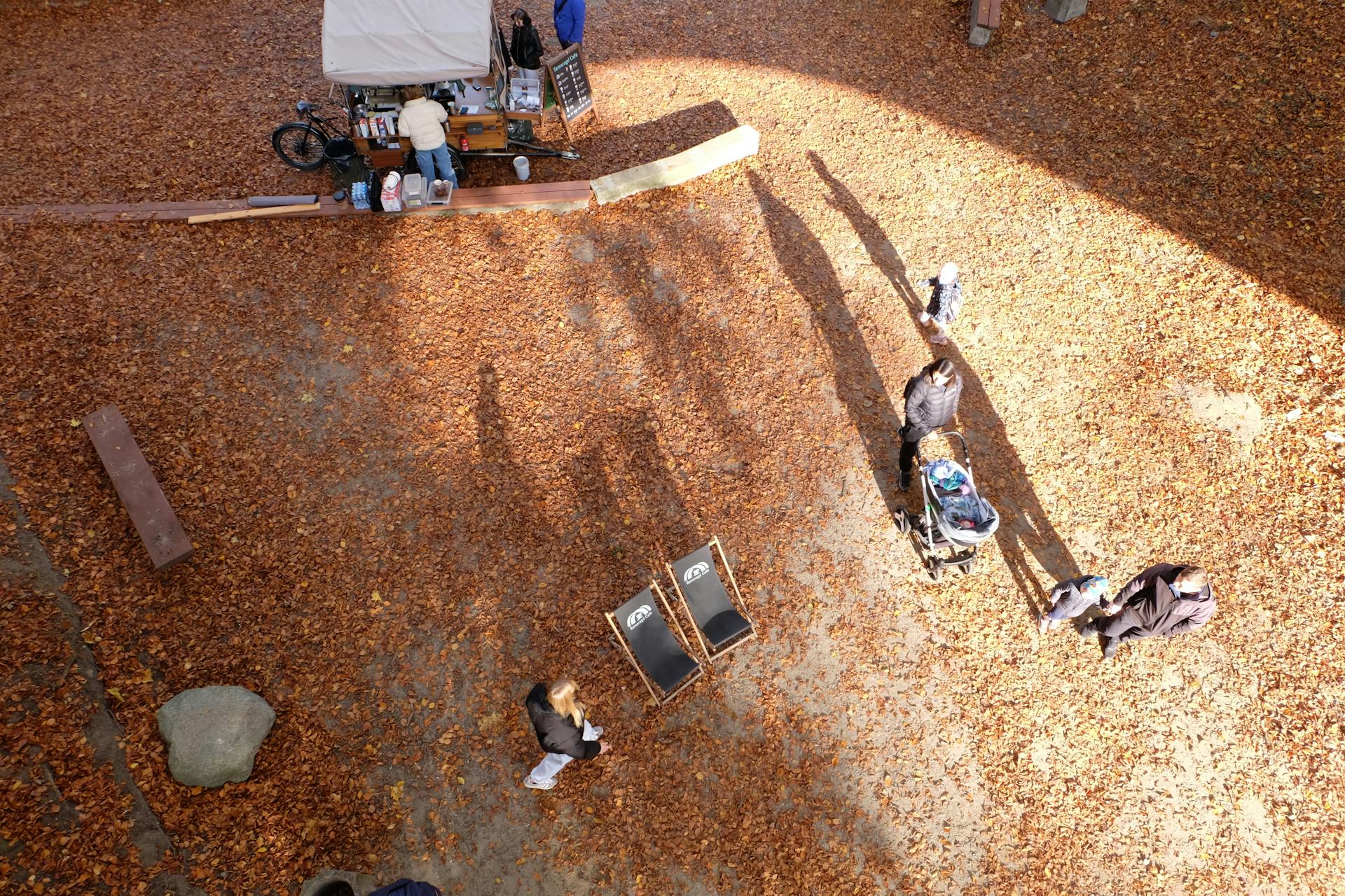 Aerial shot capturing families in a park with fallen leaves and a mobile vendor cart in autumn.