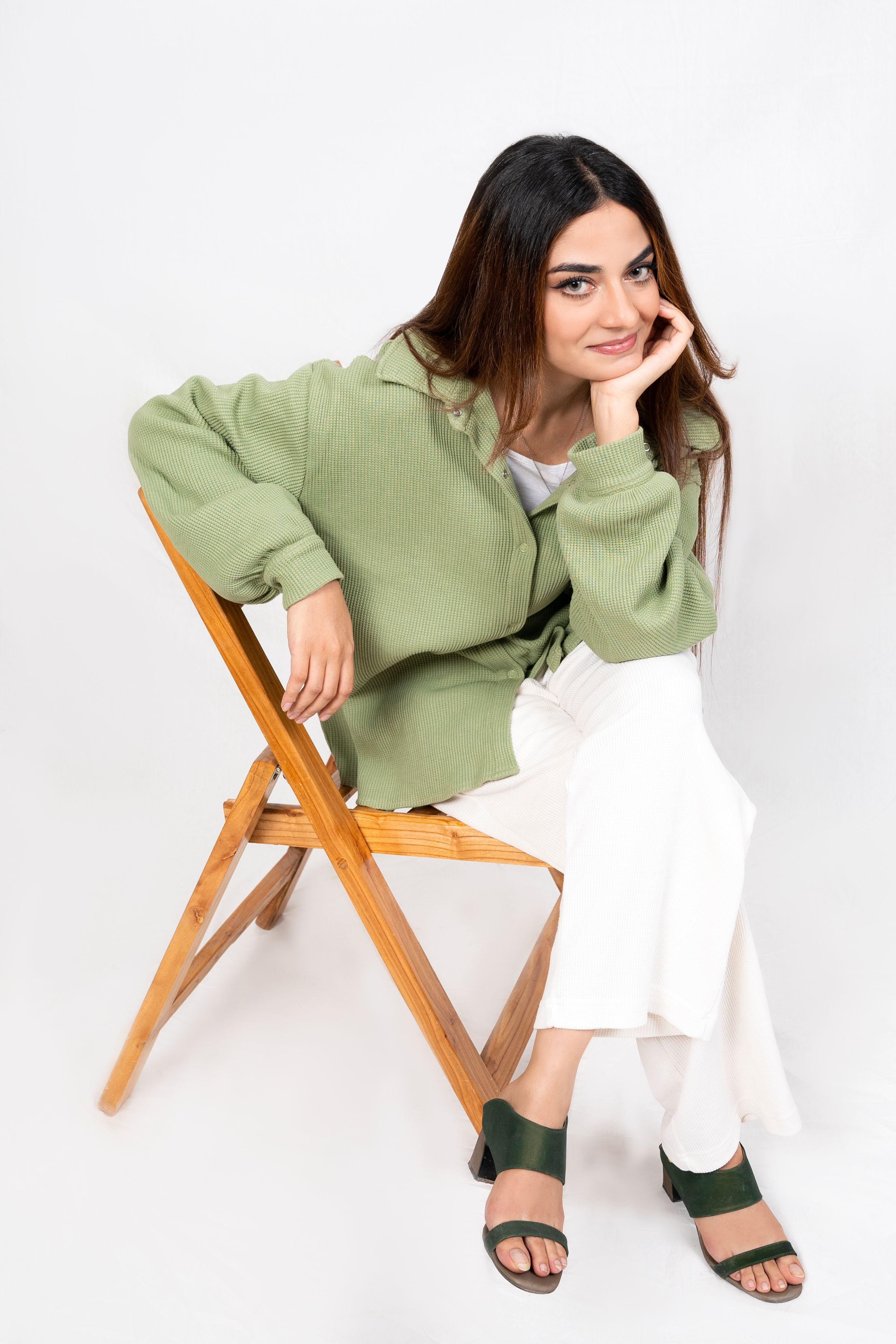 Fashion Model Posing on Wooden Chair · Free Stock Photo