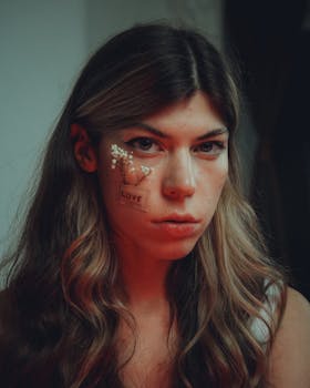 Expressive portrait of a woman with artistic floral makeup and a 'Love' tattoo on her face.