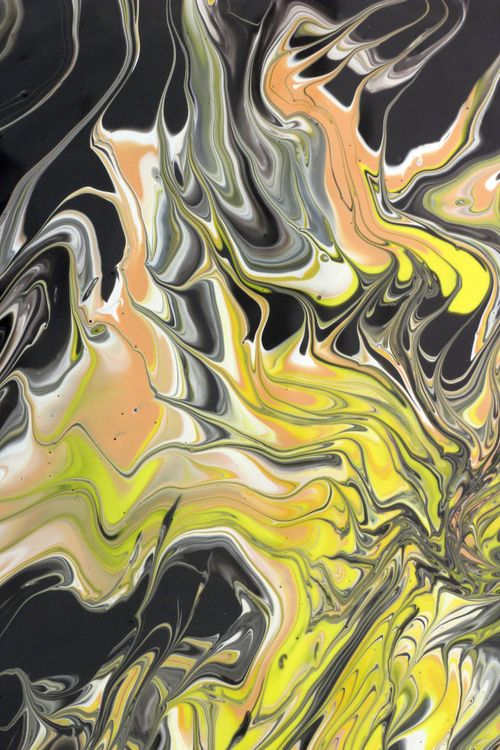 Free Vibrant abstract fluid art featuring dynamic yellow, black, and peach swirls on canvas. Stock Photo