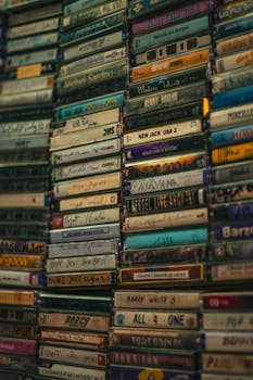 A nostalgic collection of various music cassette tapes stacked vertically.