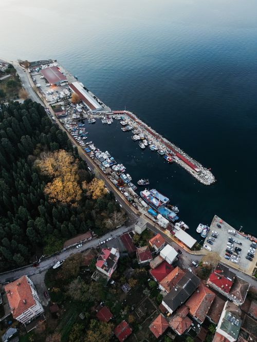 Free Stunning aerial view of a marina with boats and adjacent forested area Stock Photo