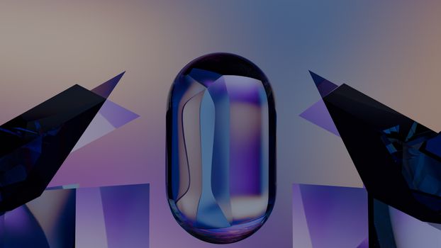 A vibrant digital abstract render featuring multi-faceted crystal shapes.