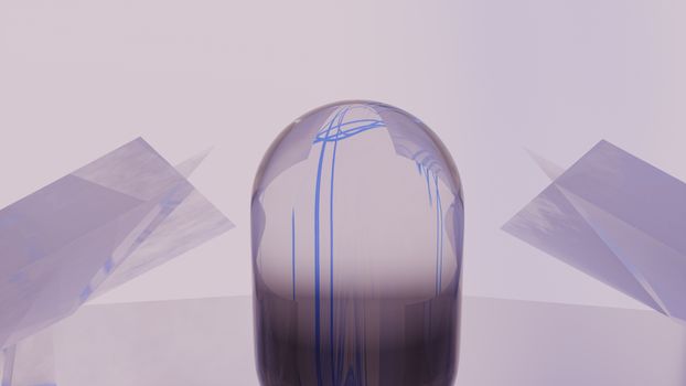 Abstract digital art featuring a translucent sphere and geometric shapes in pastel tones, creating a serene aesthetic.