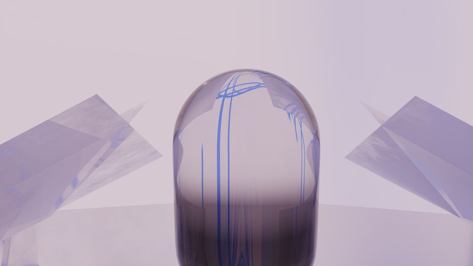 Abstract digital art featuring a translucent sphere and geometric shapes in pastel tones, creating a serene aesthetic.