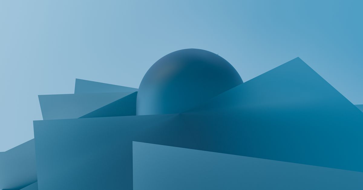 A modern abstract 3D render with blue geometric shapes and a sphere.