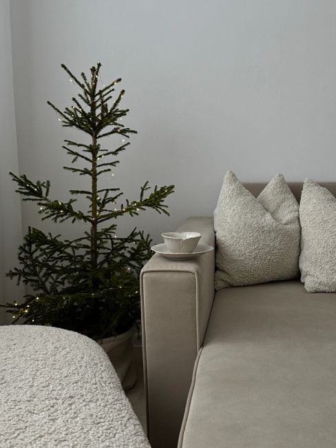 Elegant minimalist living room with holiday decor and warm ambiance.