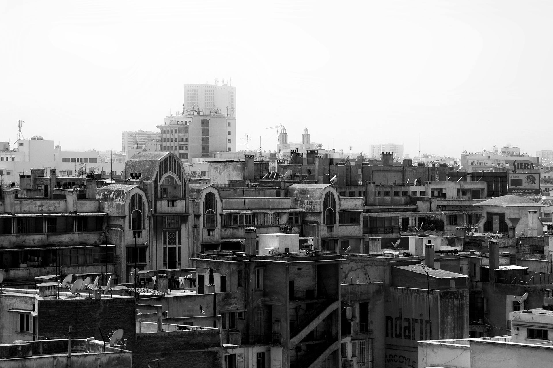 Stunning monochrome skyline of Casablanca showcasing urban architecture and intricate rooflines.