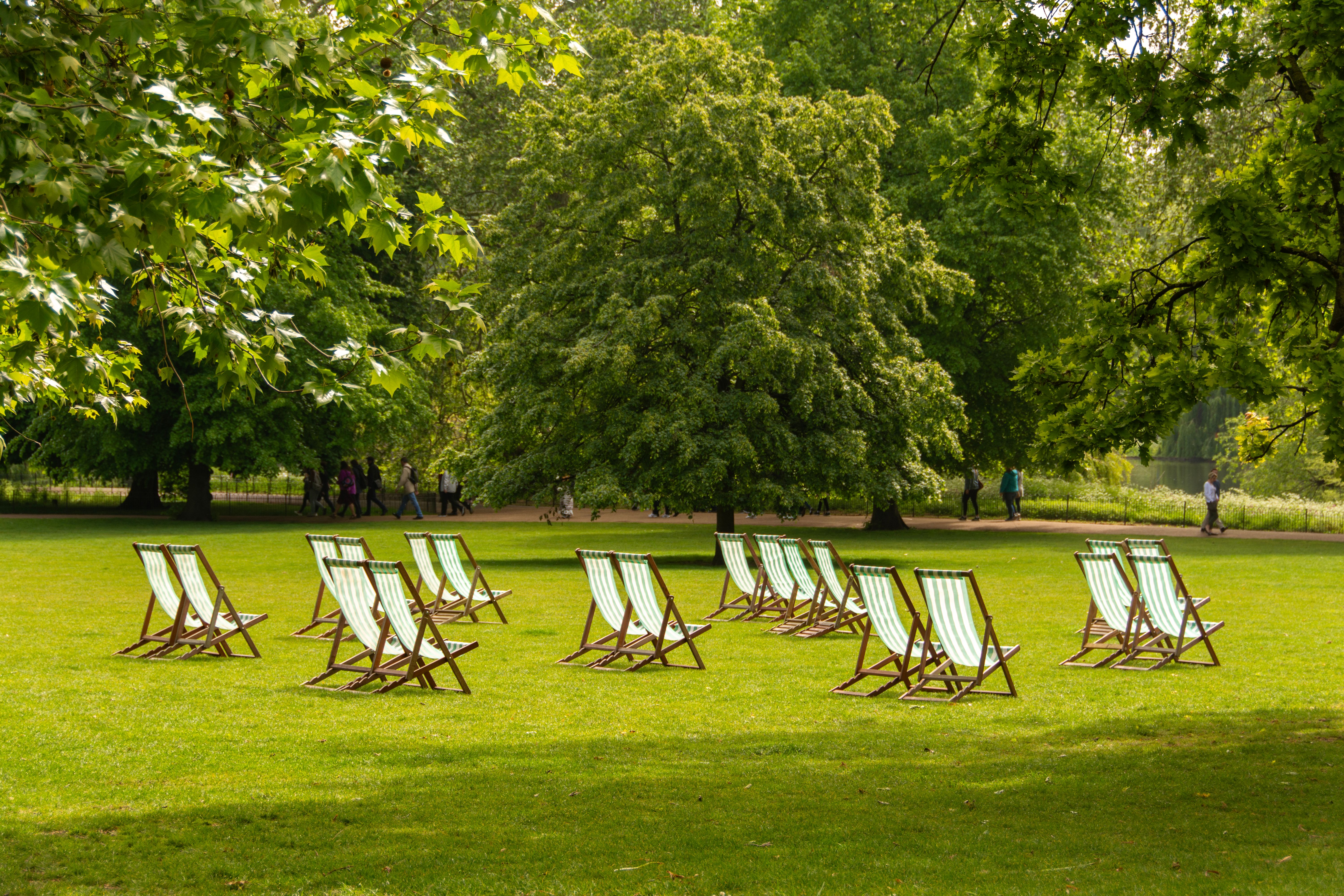 Sunny Park with Green Deck Chairs in Spring · Free Stock Photo