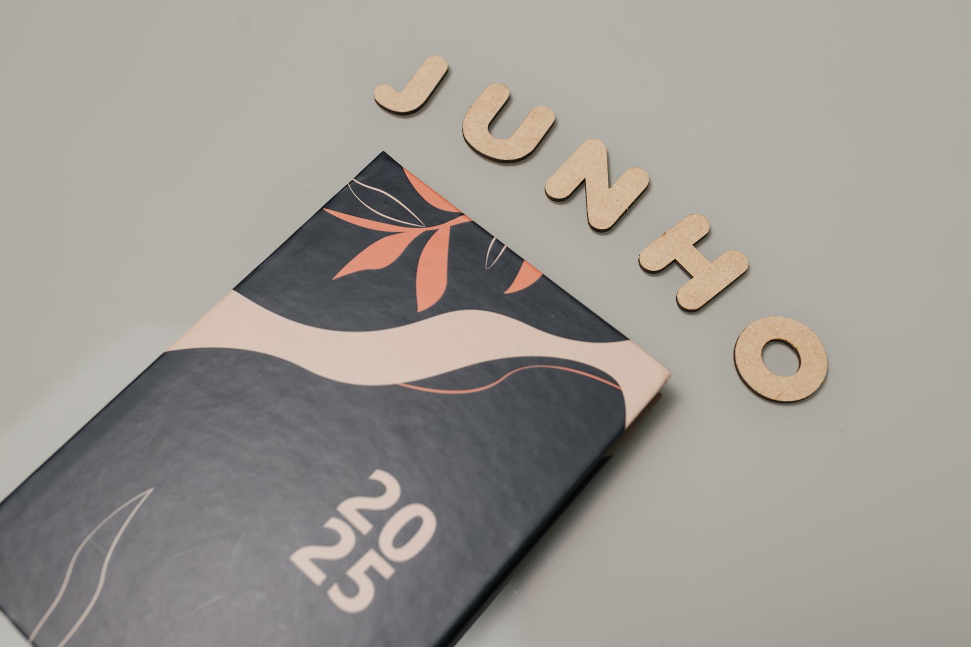 Stylish planner for 2025 alongside wooden letters spelling 'Junho'. Ideal for organization and planning needs.