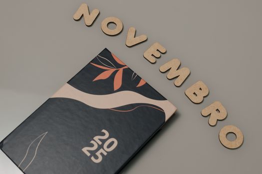 Modern 2025 planner beside 'Novembro' decor on a soft grey background.