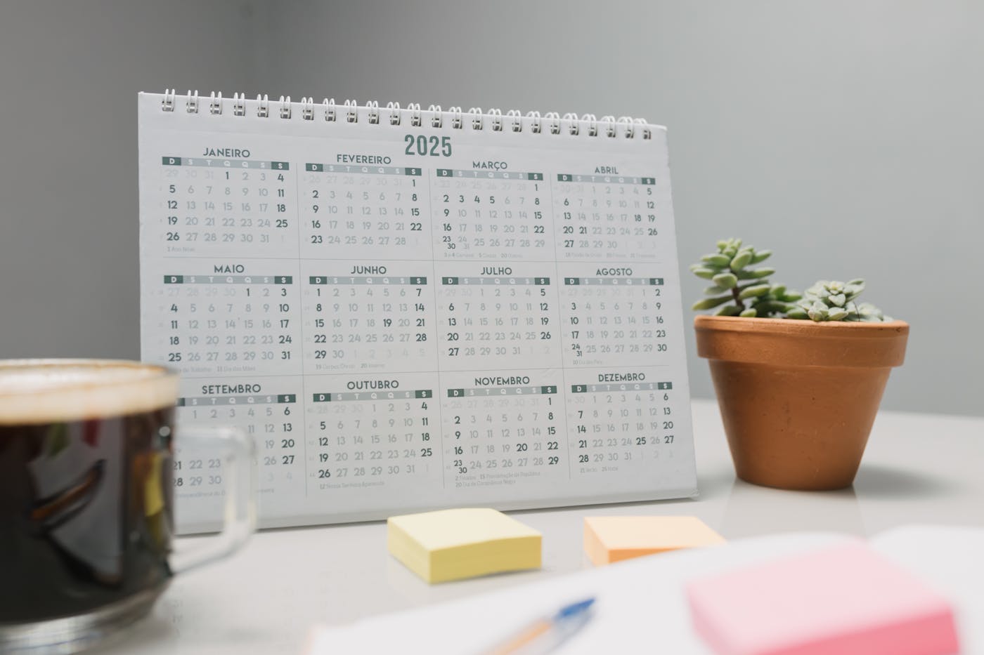 Calendario da scrivania 2025 accanto a tazza di caffè e pianta grassa