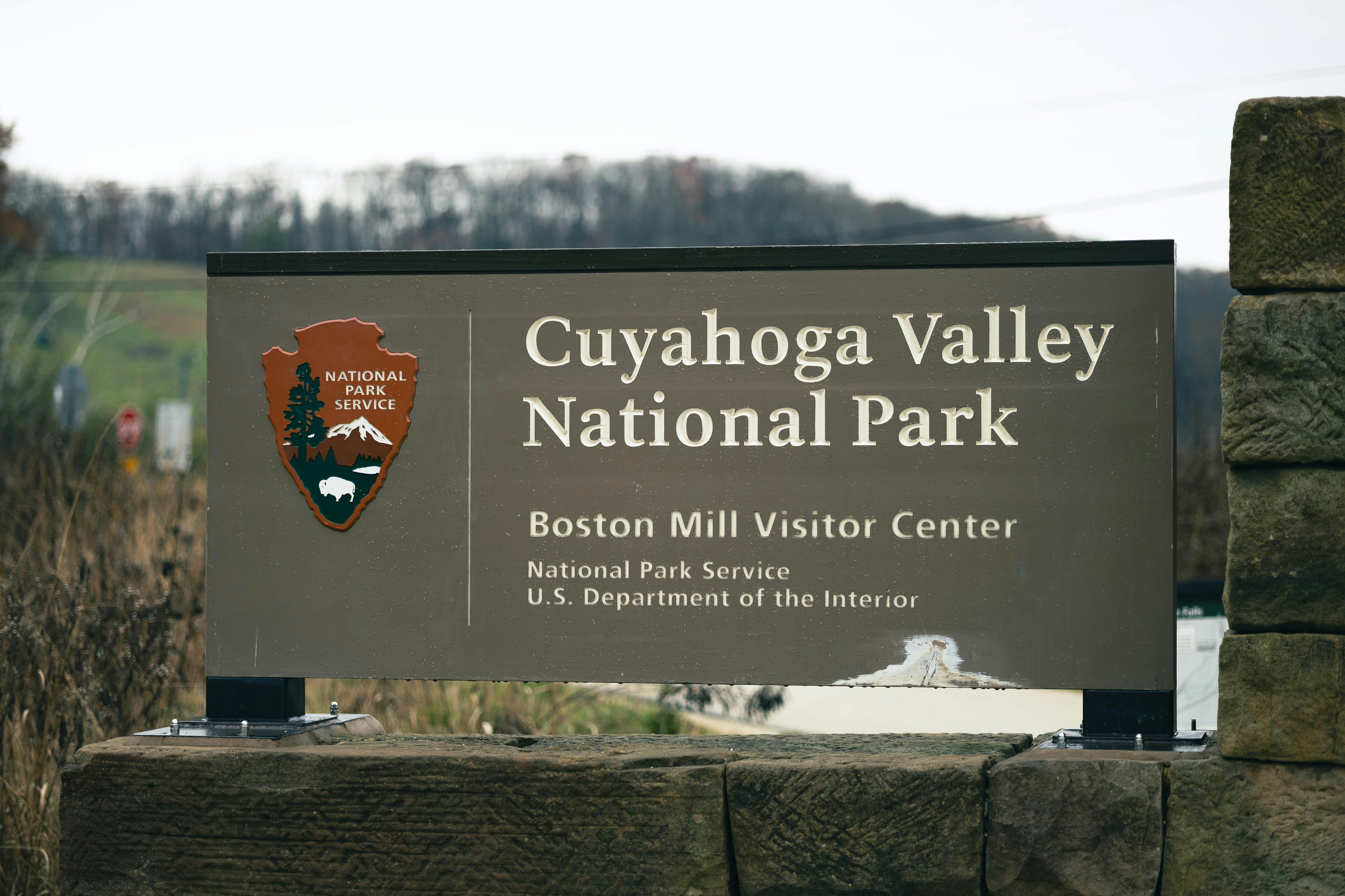 Signage for Cuyahoga Valley National Park at Boston Mill Visitor Center.