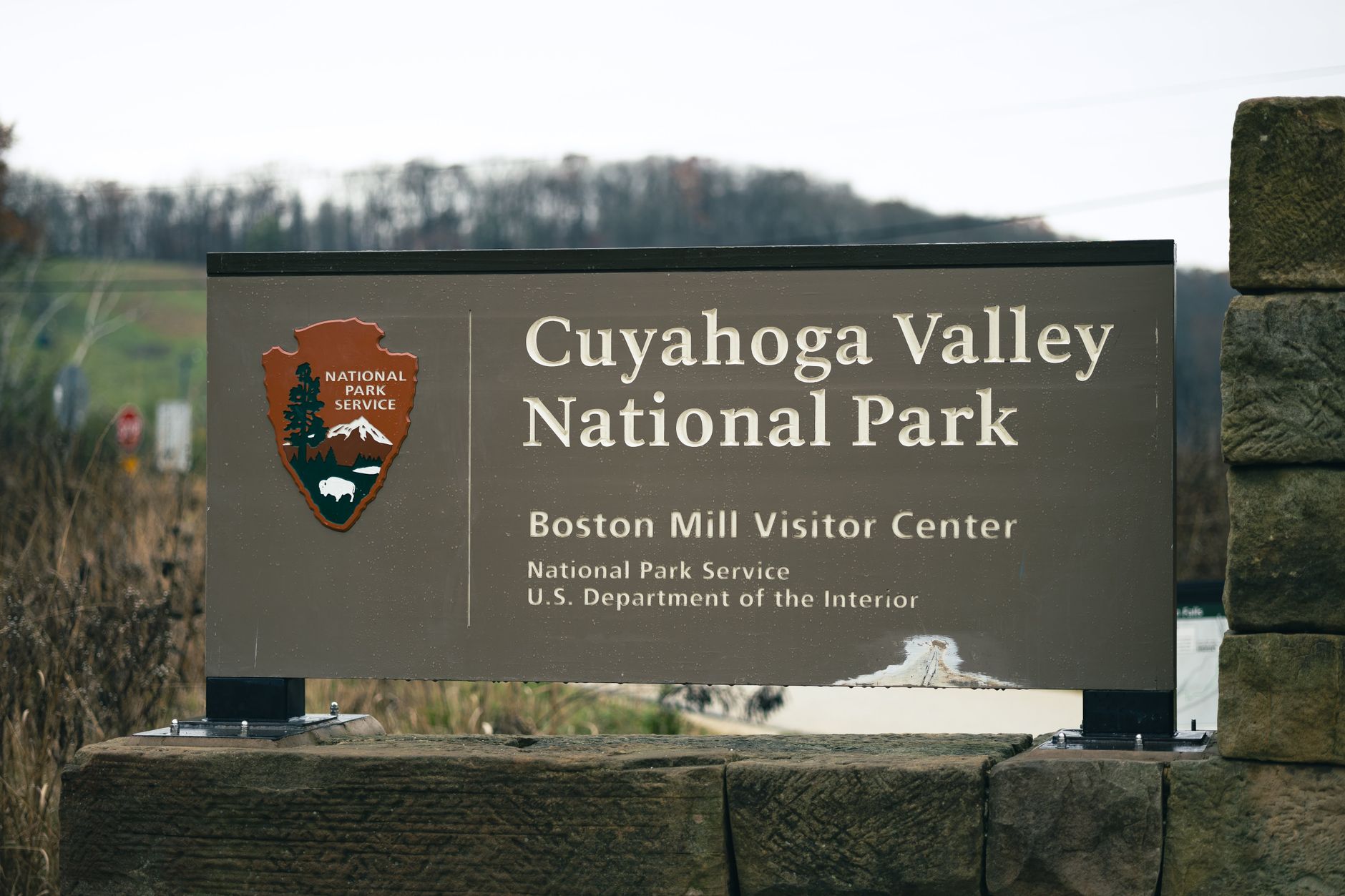 Signage for Cuyahoga Valley National Park at Boston Mill Visitor Center.