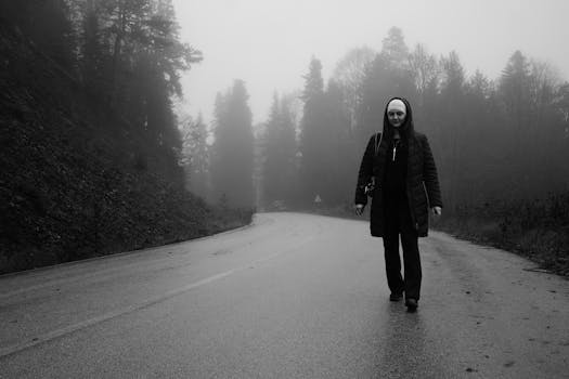 A solitary woman walks on a foggy road through a mysterious forest in Bolu, Türkiye.