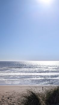 A tranquil sandy beach with gentle waves under a clear blue sky, capturing a peaceful coastal scene.