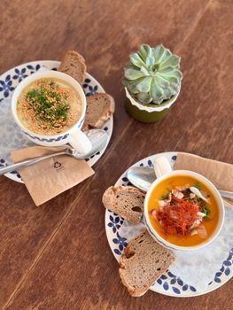 Two soups served with bread on a decorative table setting beside a succulent plant.