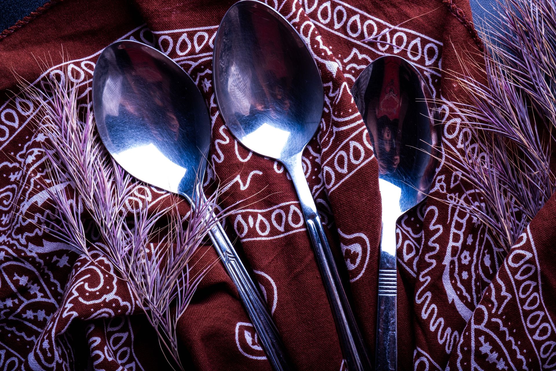 Three metal spoons on a red patterned fabric with decorative grass.