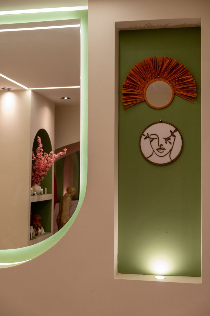 Stylish modern interior with creative wall art and decorative accents.