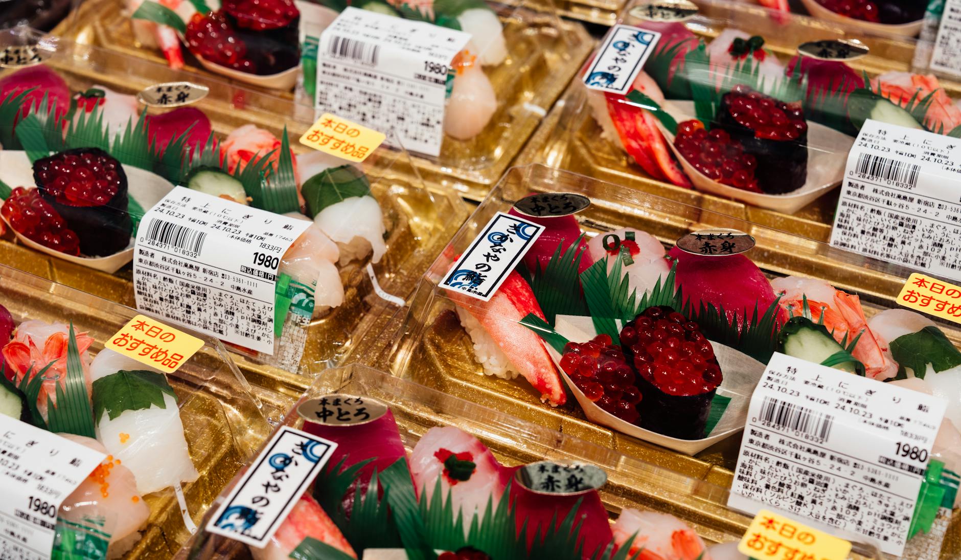 Fresh sushi in traditional Japanese packaging