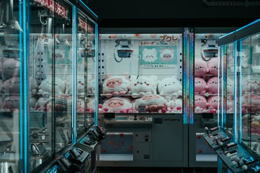 A vibrant shot of Japanese arcade claw machines filled with plush toys, highlighting urban leisure.