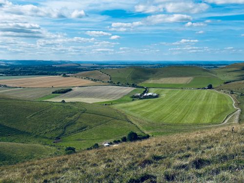 Free A stunning aerial view of green farmlands under a blue sky with clouds. Stock Photo