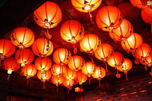 Free Traditional red Chinese lanterns illuminating a festive atmosphere in New Taipei City, Taiwan. Stock Photo