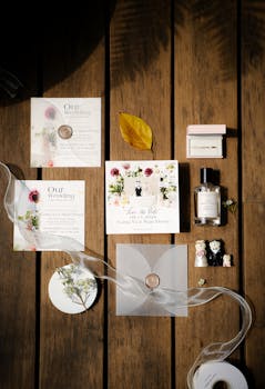 Stylish wedding invitation set arranged with perfume and decor on wooden background.