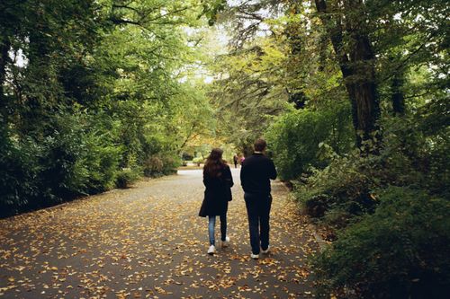 Free A couple strolls through a leafy path in a fall park setting in Nancy, France. Stock Photo