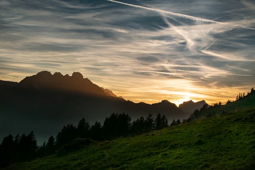 Breathtaking sunset with mountains and trees in Walenstadt, Switzerland.