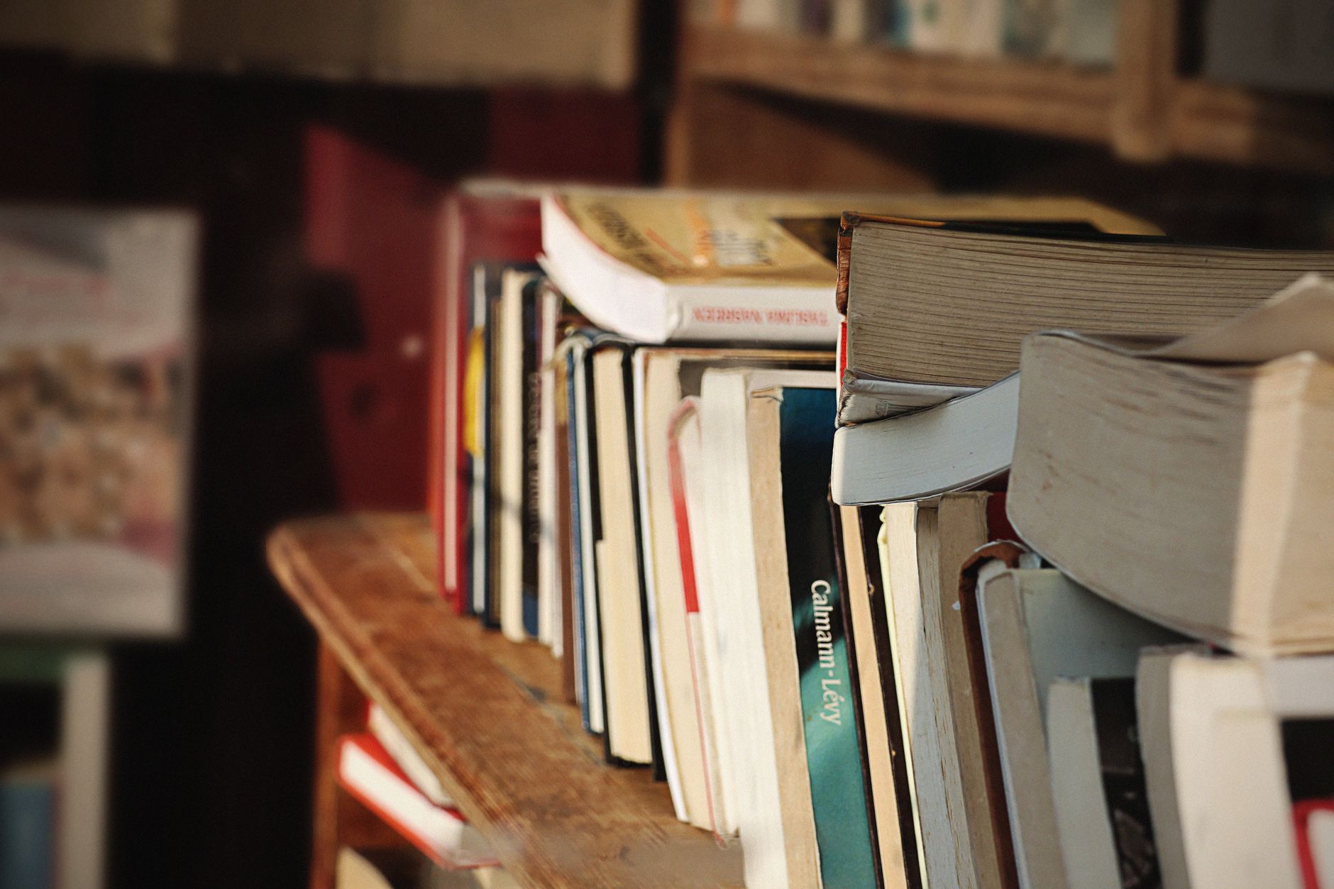 A shelf filled with books and manuscripts