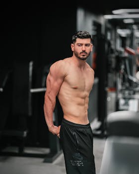 Muscular man standing in a gym showcasing fitness and endurance.