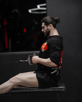 Man with beard exercising on rowing machine in a dark gym.