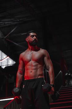 Muscular man lifting dumbbells in a dimly lit gym setting.