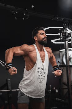A strong man performs cable exercises in a modern gym setting.